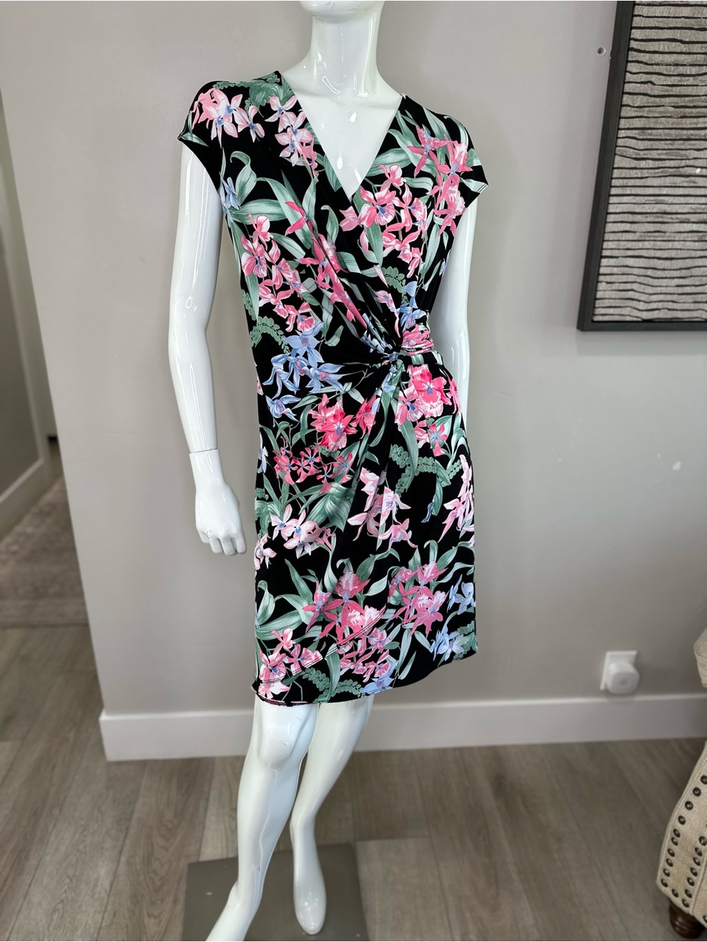 Tommy Bahama Orchid Isle Faux Wrap  Mini Dress  Black Sz M Twist-Front V-Neck